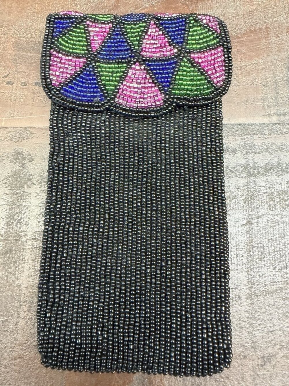 Neiman Marcus Beaded Eyeglass Case Art Deco Geometric Floral Fringe Black 6x3.25